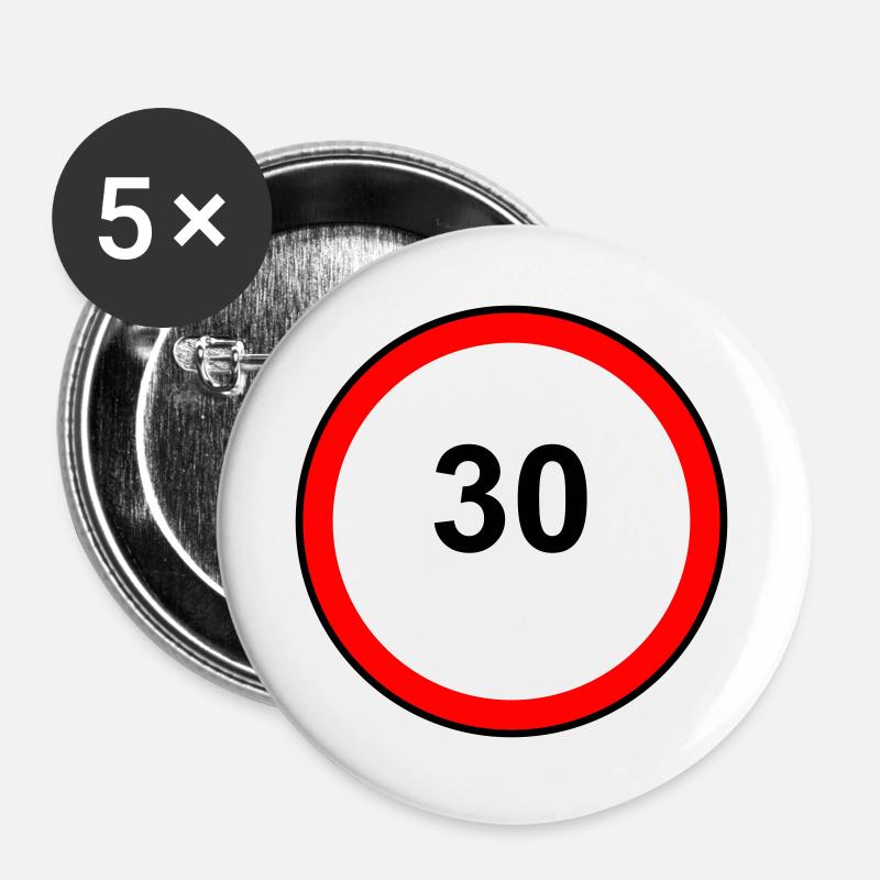 Tempo 30 Schild Muster - Buttons groß 56 mm (5er Pack) - Weiß