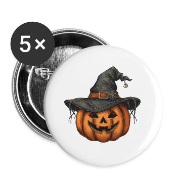 Halloween Kürbis mit Hexenhut - Buttons groß 56 mm (5er Pack) - Weiß - Vorne