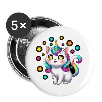 Adorable chat caticorne licorne kawaii étoiles  - Lot de 5 grands badges (56 mm) - blanc - Devant