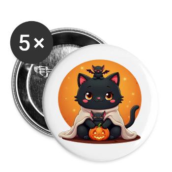 Halloween Katze mit Halloween Kürbis - Buttons groß 56 mm (5er Pack) - Weiß - Vorne