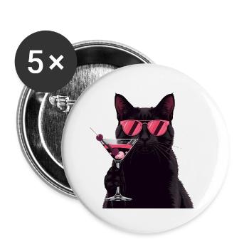 Schwarze Katze mit Pinkem Martini Cartoon - Buttons groß 56 mm (5er Pack) - Weiß - Vorne