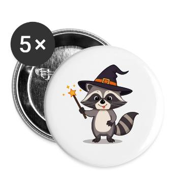 Mignon raton laveur sorcier avec chapeau et baguette magique - Lot de 5 grands badges (56 mm) - blanc - Devant