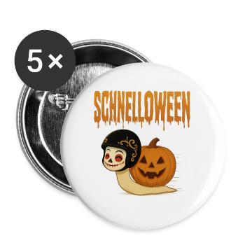 Schnelloween - die Halloween Queen | Wortwitz - Buttons groß 56 mm (5er Pack) - Weiß - Vorne