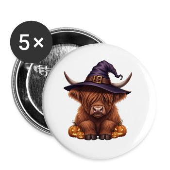 Bovins Highland d’Halloween avec chapeau de sorcière - Lot de 5 grands badges (56 mm) - blanc - Devant