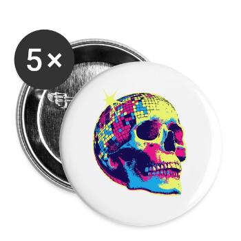 Neon Disco Totenschädel - Buttons groß 56 mm (5er Pack) - Weiß - Vorne