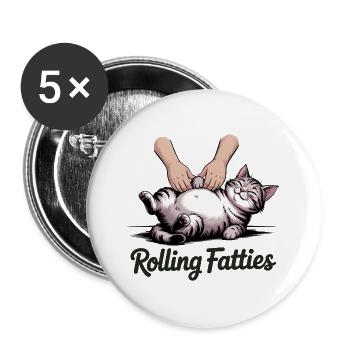 Rolling Fatties - T-shirt chat drôle - Lot de 5 grands badges (56 mm) - blanc - Devant