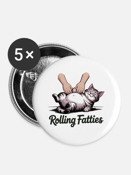 Rolling Fatties - Lustige Katze T-Shirt - Buttons groß 56 mm (5er Pack) - Weiß