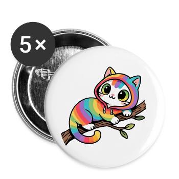 Regenbogen Katze Hoodie am Ast - Buttons groß 56 mm (5er Pack) - Weiß - Vorne