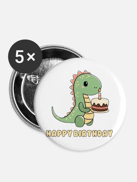 Dino mit einer Geburtstagstorte - Buttons groß 56 mm (5er Pack) - Weiß