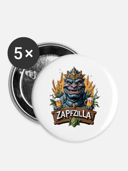 Zapfzilla König Dino Bier - Buttons groß 56 mm (5er Pack) - Weiß