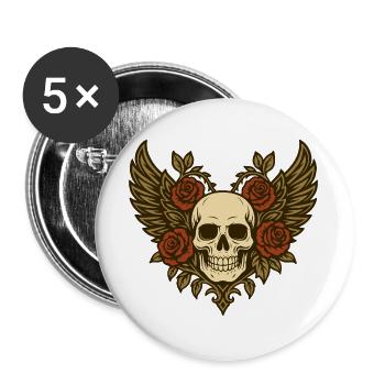 Totenschädel Rosenflügel Herz - Buttons groß 56 mm (5er Pack) - Weiß - Vorne