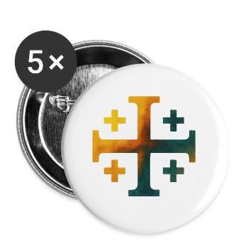 Kairos Kreuz (Jerusalemkreuz) – Waldhütte - Buttons groß 56 mm (5er Pack) - Weiß - Vorne