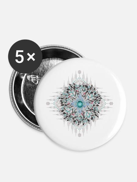 Kunstvolles Ethno-Ornament mit silbernen Federn - Buttons groß 56 mm (5er Pack) - Weiß