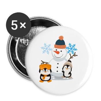 Winterfreude Schneemann Pinguine - Buttons groß 56 mm (5er Pack) - Weiß - Vorne