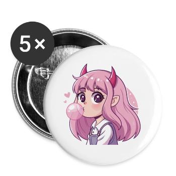 Rosahaariger Dämon Kaugummi - Buttons groß 56 mm (5er Pack) - Weiß - Vorne