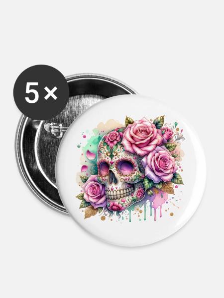 Blumen Schädel Schönheit Blühen - Buttons groß 56 mm (5er Pack) - Weiß