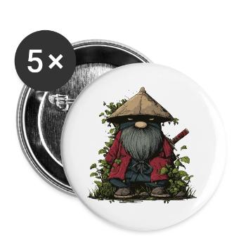 Lustiger Ninja-Gartenzwerg mit Schwert - Buttons groß 56 mm (5er Pack) - Weiß - Vorne