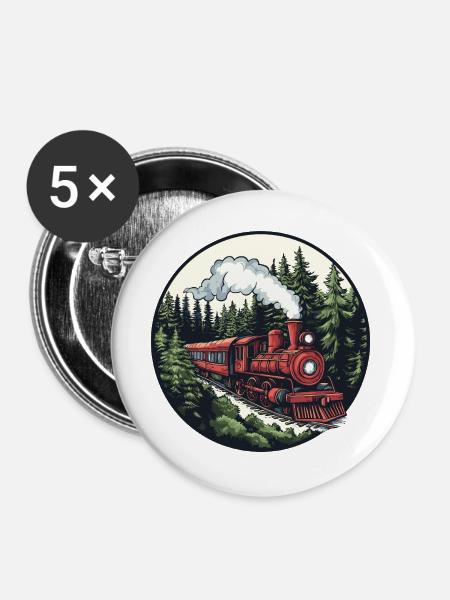 Dampflok im Wald - Buttons groß 56 mm (5er Pack) - Weiß