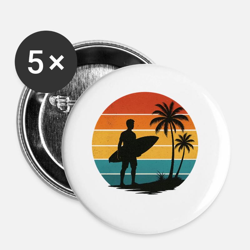 Retro surfer silhouette on the beach - Buttons large 2.2''/56 mm (5-pack) - white