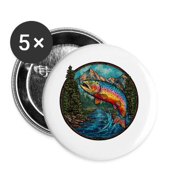 Regenbogenforelle – Buntes Angler & Naturmotiv - Buttons groß 56 mm (5er Pack) - Weiß - Vorne