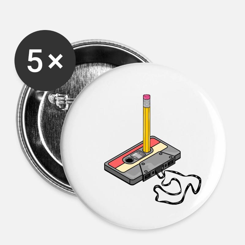Nostalgia Retro Kassettenband Bleistift 2000 Vibes - Buttons groß 56 mm (5er Pack) - Weiß