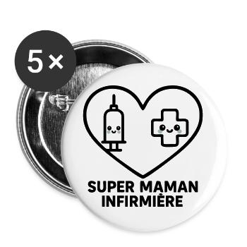 Super maman infirmière – Cœur idée cadeau - Lot de 5 grands badges (56 mm) - blanc - Devant