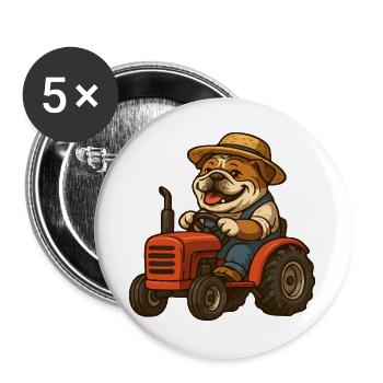 Niedlicher Bulldoggenbauer fährt roten Traktor-Cartoon - Buttons groß 56 mm (5er Pack) - Weiß - Vorne