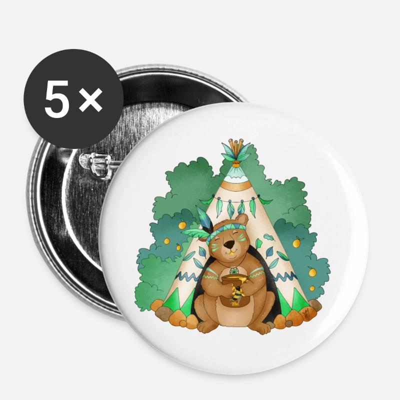 Bär vor seinem Tipi - Buttons groß 56 mm (5er Pack) - Weiß