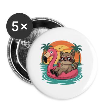 Lustiger Waschbär entspannt sich auf Flamingo Float Sunset - Buttons groß 56 mm (5er Pack) - Weiß - Vorne