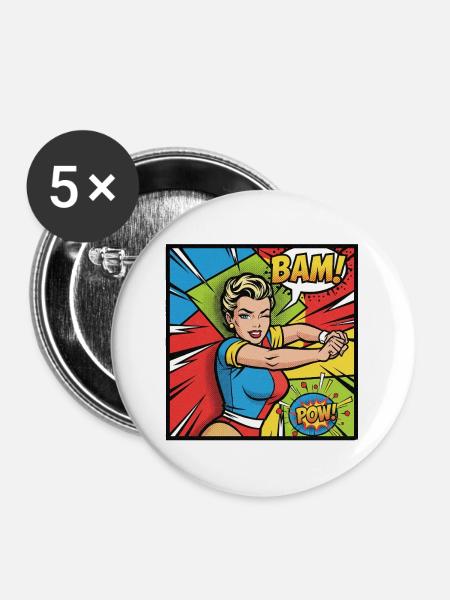 Pop Art Superheldin Kraftvoll - Buttons groß 56 mm (5er Pack) - Weiß