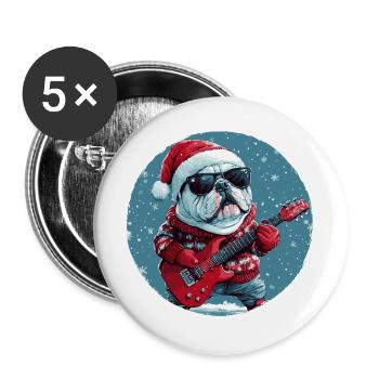 Bulldog Hund Weihnachten Gitarre - Buttons groß 56 mm (5er Pack) - Weiß - Vorne