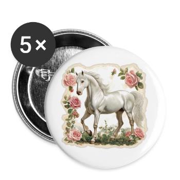 Pferd Vintage Blumen - Buttons groß 56 mm (5er Pack) - Weiß - Vorne