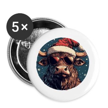 Rind Bulle mit Santa-Hut und Sonnenbrille - Buttons groß 56 mm (5er Pack) - Weiß - Vorne