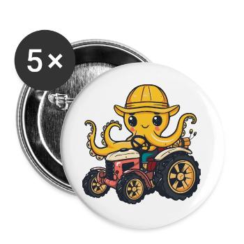 Oktopus Traktor Farmer - Buttons groß 56 mm (5er Pack) - Weiß - Vorne