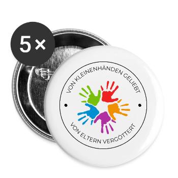 Von kleinen Händen geliebt – Bunte Handabdrücke - Buttons groß 56 mm (5er Pack) - Weiß - Vorne