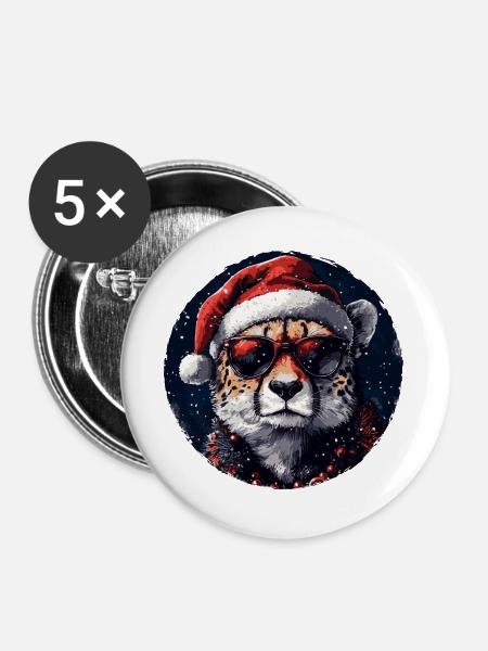 Leopard Santa mit Sonnenbrille - Buttons groß 56 mm (5er Pack) - Weiß