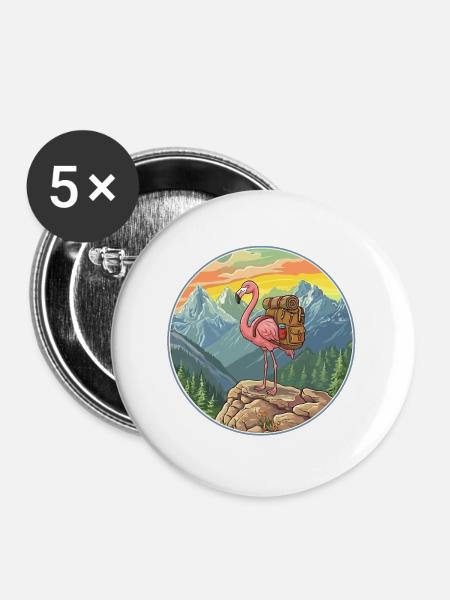 Süßes Flamingo-Wandern Camping Bergabenteuer - Buttons groß 56 mm (5er Pack) - Weiß