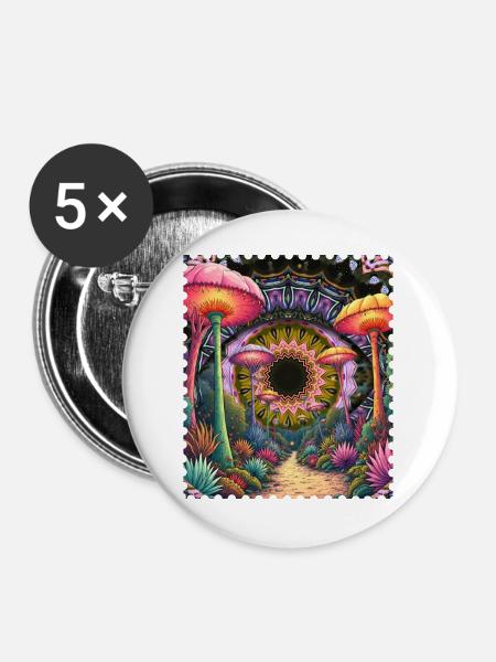 Psychedelischer Pilzpfad Mandala - Buttons groß 56 mm (5er Pack) - Weiß