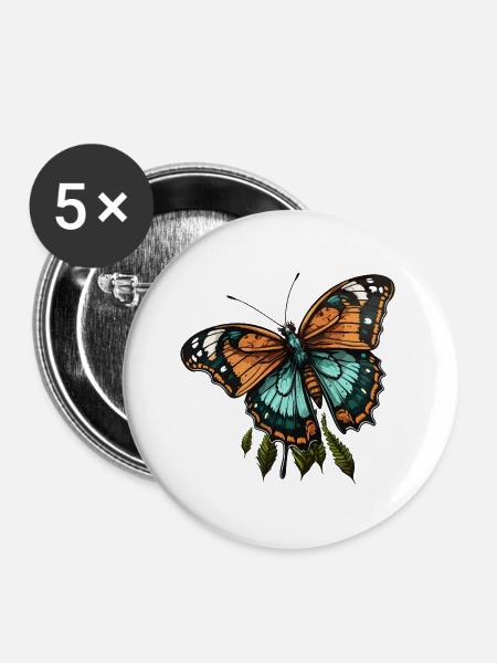Orangener Teal-Schmetterling - Buttons groß 56 mm (5er Pack) - Weiß
