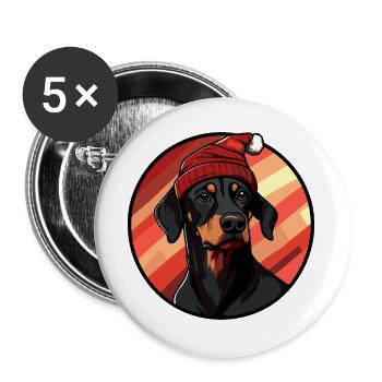 Doberman avec un chapeau de Père Noël - Lot de 5 grands badges (56 mm) - blanc - Devant