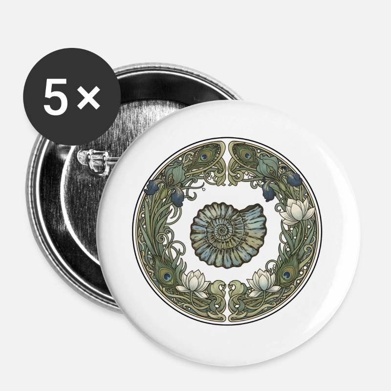 Ammonit Kreisrahmen mit Seegras - Buttons groß 56 mm (5er Pack) - Weiß