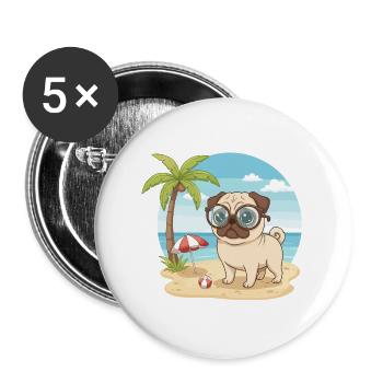 Cute Pug with Glasses Beach Summer Vacation - Buttons large 2.2''/56 mm (5-pack) - white - Front