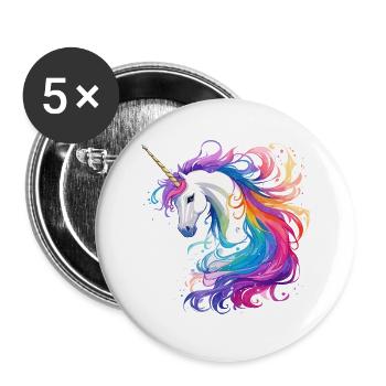 Regenbogen-Einhorn Kopf Portrait - Buttons groß 56 mm (5er Pack) - Weiß - Vorne