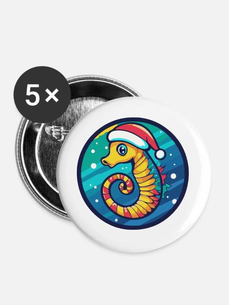 Weihnachts-Seepferdchen - Buttons groß 56 mm (5er Pack) - Weiß