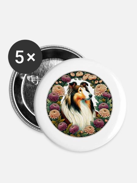 Collie im Floral Circle - Buttons groß 56 mm (5er Pack) - Weiß