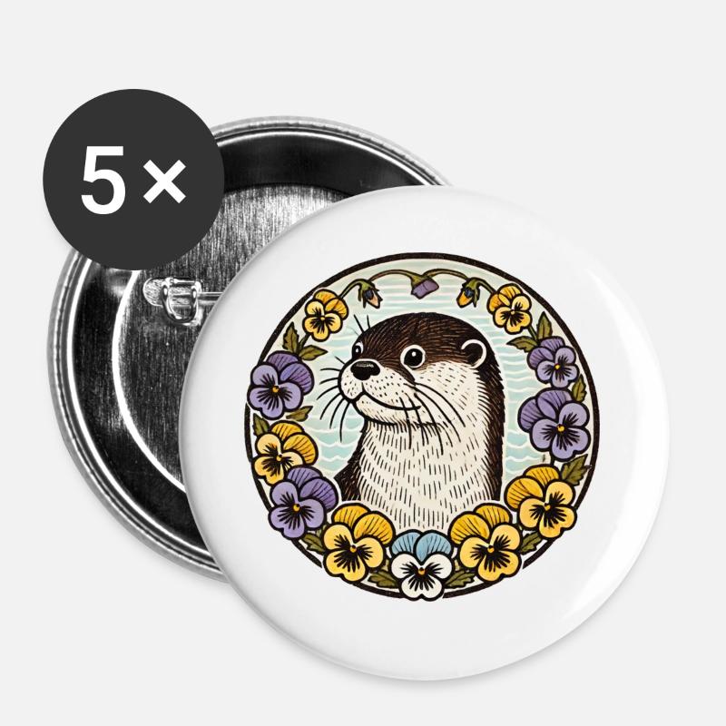 Otter in Floral Circle - Buttons large 2.2''/56 mm (5-pack) - white