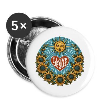 Sunlit Heart I Love Jesus and Sunflowers - Buttons groß 56 mm (5er Pack) - Weiß - Vorne