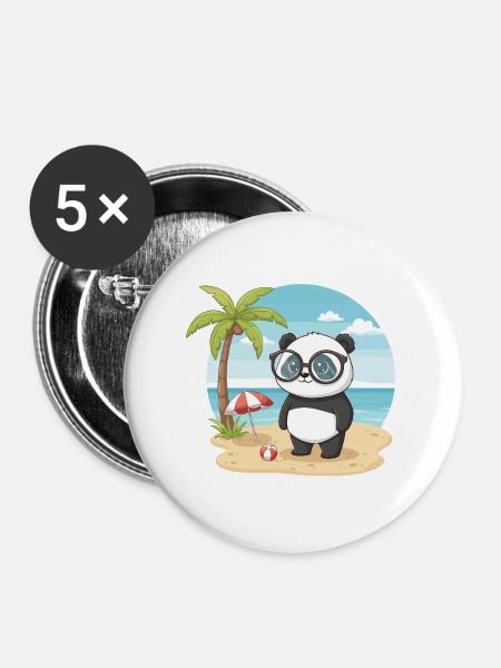Süßer Panda mit Brille Strand-Sommerurlaub - Buttons groß 56 mm (5er Pack) - Weiß