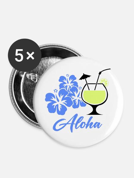 Aloha Hibiskus Tropen-Drink - Buttons groß 56 mm (5er Pack) - Weiß