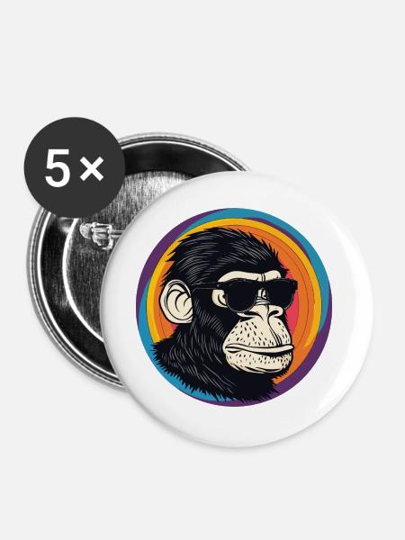 Affe Sonnenbrille Comic - Buttons groß 56 mm (5er Pack) - Weiß